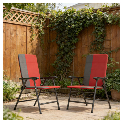 Set of 2 Outdoor High Back Folding Chairs with Padded Seats, Gray and Red Oxford Fabric Lawn Camping Chairs