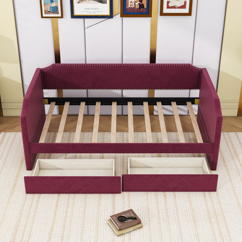 Twin 2 Drawers Upholstered Daybed with Slats, WineRed