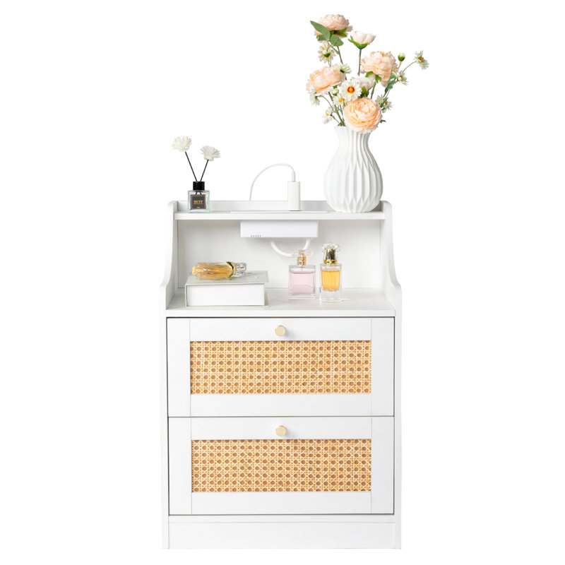 Table de chevet 2 tiroirs avec port USB, Blanc / Naturel