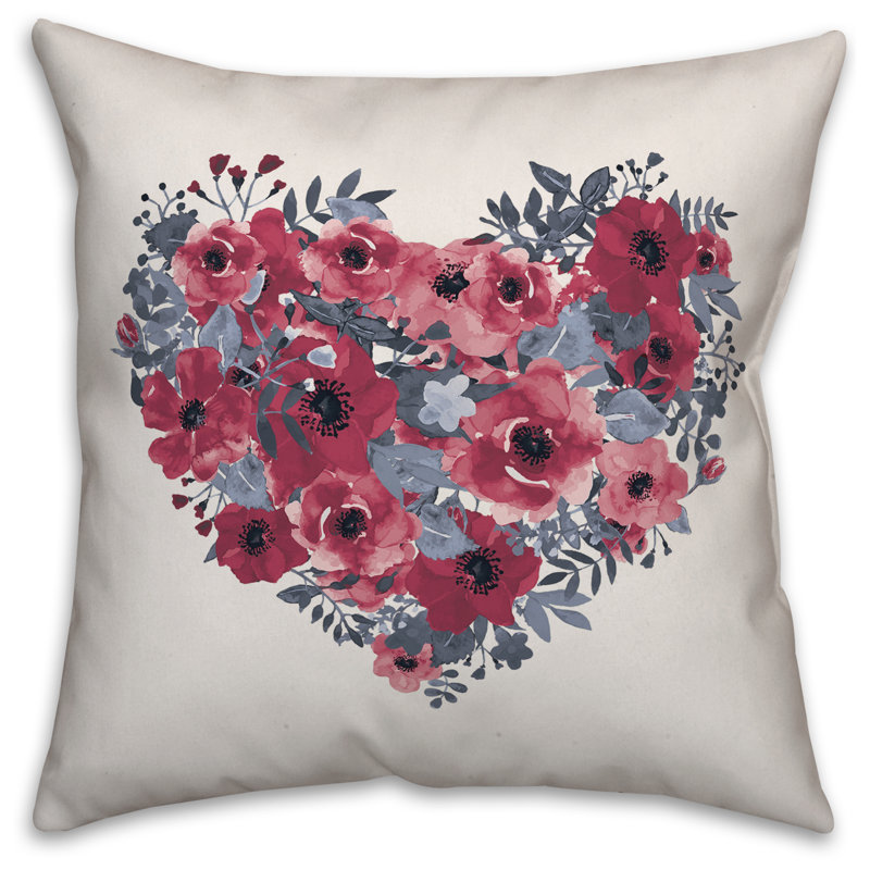 Floral Heart Floral Pillow Cover, 16" x 16"