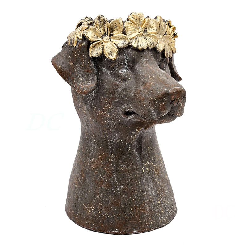 9.3X9.3X13" Magnesium Dog Statue Planter With Textured Brown Finish And Gold Leaf Crown
