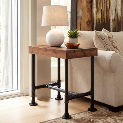 Solid Wood End Table, Industrial Living Room Side Table, Narrow  Bedside Tables with Metal Frame for Bedroom, Easy Assembly