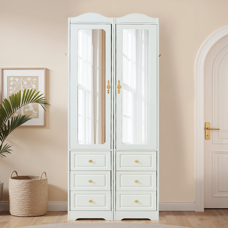 Werther Armoire Wardrobe Closet & Wardrobe Cabinet with 6 Drawers and 2 Mirrors & With Hanging Rod & Sensor Lights,White