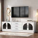 Minimalist Tv Stand With Arched Glass Doors, 3 Drawers, 2 Cabinets With Adjustable Shelves