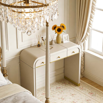 Classic Wood Vanity Desk with Flip Mirror, 3-in-1 Dressing Table with 2 Drawers and Storage Space