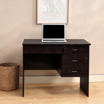 Compact Home Office Writing Desk with Three Locking Drawers, Brown-Toned Particle Board, 39.5 x 19.75 Inches