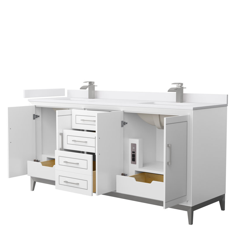 Ensemble de meuble-lavabo double 72 po Marlena, Nickel brossé, Blanc, Marbre de culture blanc