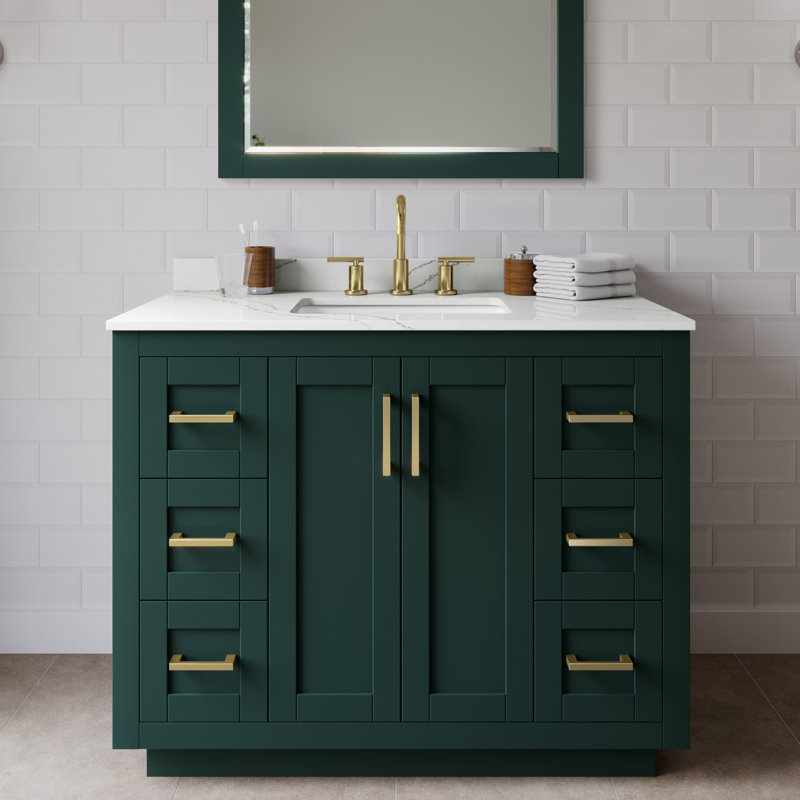 Miranda 42" Freestanding Single Bathroom Vanity with Quartz Top, Giotto Quartz, Green, Brushed Gold