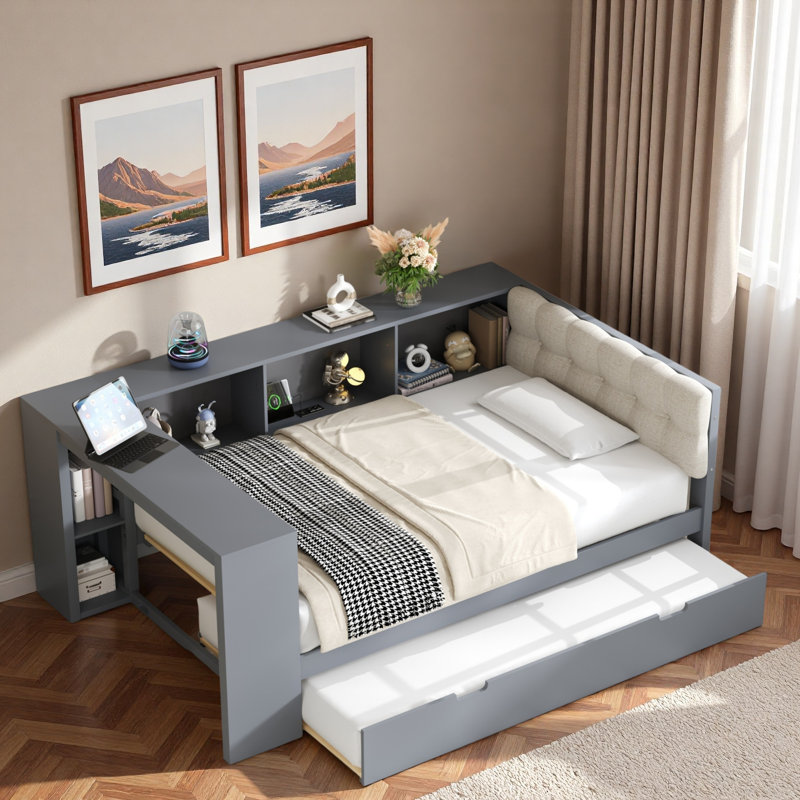 Platform Bed With Storage Shelves, Desk, Charging Station And Upholstered Headboard, Twin, Gray 