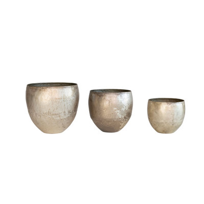 Ensemble de 3 pots à fleurs ronds en métal avec finition patinée Cinderford, étain, ensemble de 3