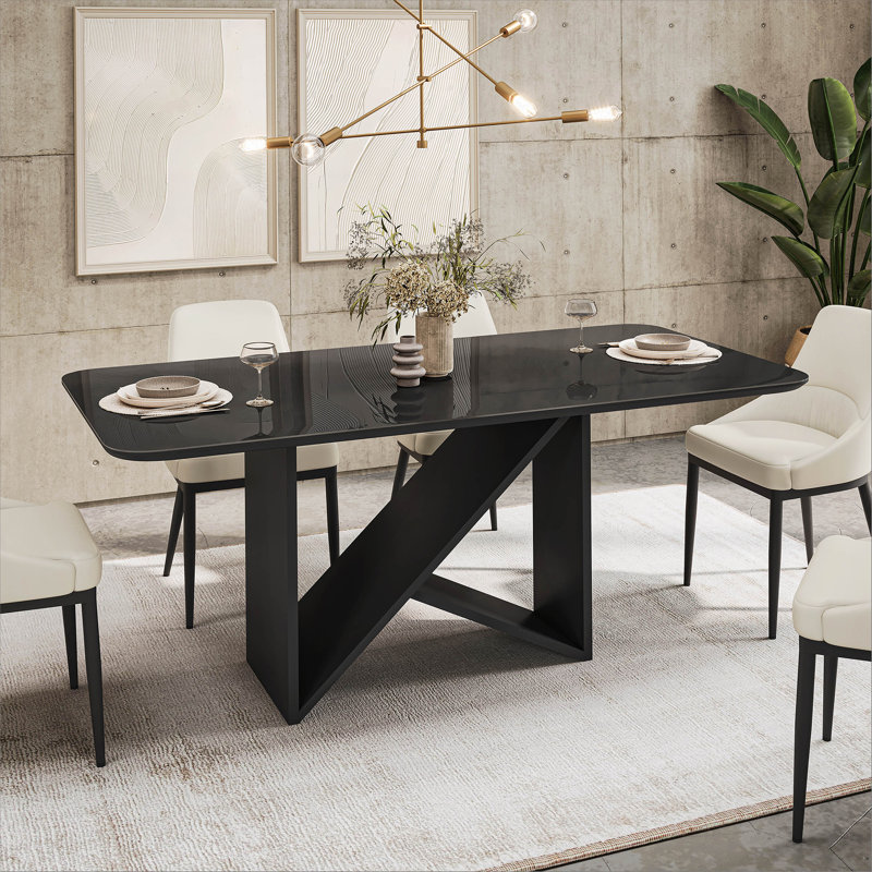 Table de salle à manger 6 places de style italien avec plateau en verre peint et base en bois élégante, noir, Noir