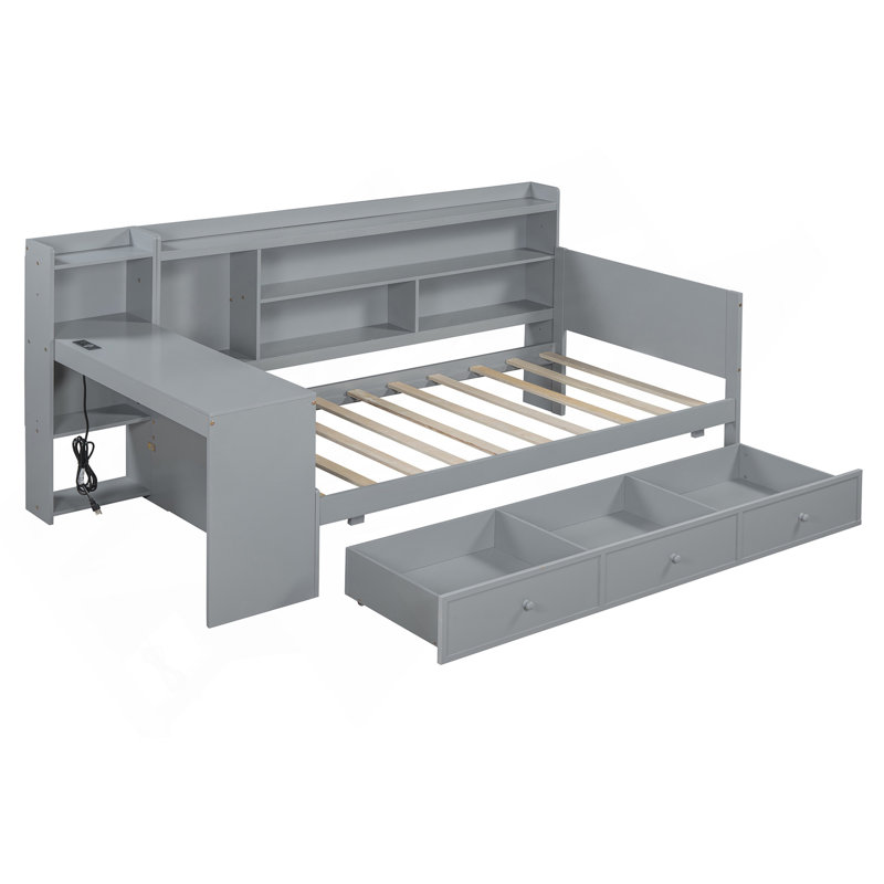 Lit de jour en bois avec 3 tiroirs, ports USB et bureau, Gris