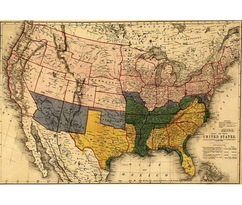 Art rétro sur toile, cartes vintage: territoire américain en possession de l'Union fédérale, janvier 1864, H 18 po x l 24 po