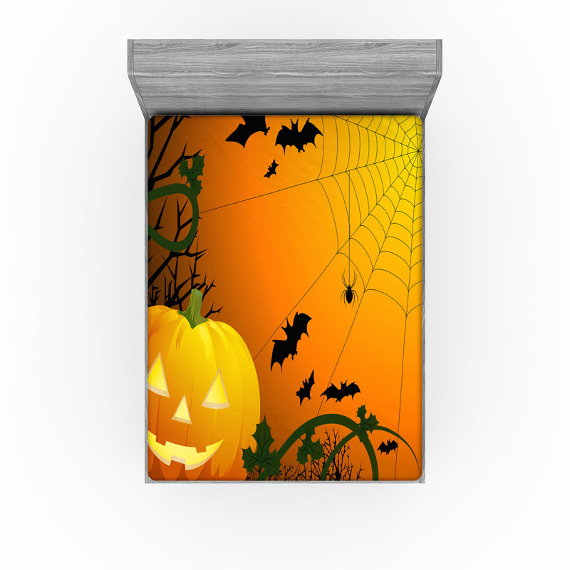 Ensemble de 2 draps-housse Ambesonne Halloween Feuilles et chauves-souris vert foncé orange noir, Drap-housse grand