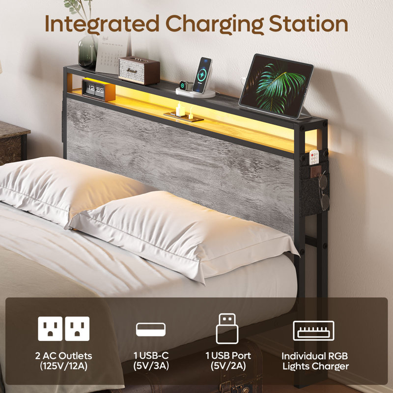 Annice Bed Frame with LED Light and Charging Station,Metal Platform with Power Outlets,Noiseless,No Spring Box Needed, Queen