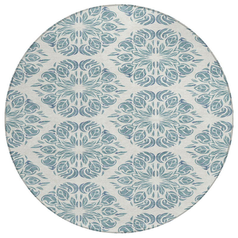 Machine Washable Indoor/Outdoor Chantille ACN2456 Damask Rug, Teal, 8' Round