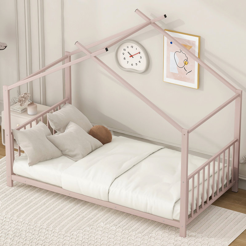 Lit plateforme simple en métal, rose, Pink