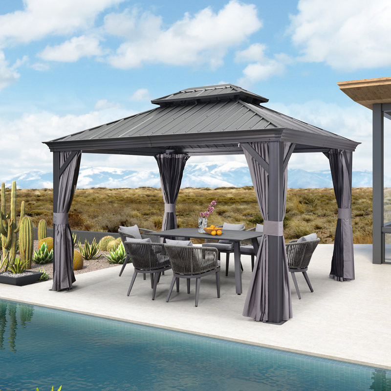 PURPLE LEAF 10' X 12' Permanent Hardtop Gazebo Aluminum Gazebo with Galvanized Steel Double Roof for Patio Lawn and Garden, Curtains and Netting Included, Gray