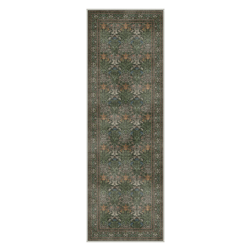 Blossora Modern Floral Machine Washable Green Indoor Area Rug with Non-Slip Backing, Runner 2' x 7'