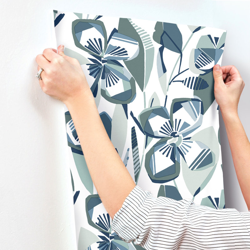 Nathalie Light Green Abstract Blooms Wallpaper, Navy
