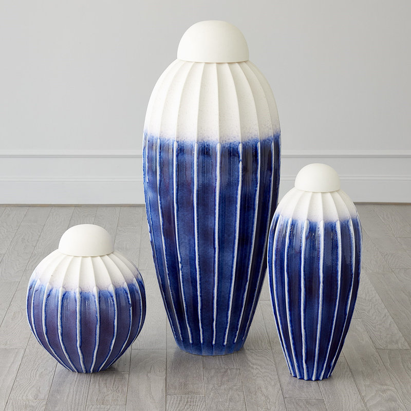 Fluted Handmade Ceramic Jar, 20" H x 15.5" W x 15.5" D, Deep Blue