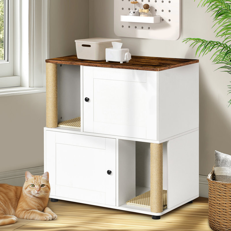 Enceinte de litière double pour chat en blanc et style rétro, pour deux félins, étagère, convient à plusieurs tailles de bacs, mode d'économie d'espace de couche, trait de grattage, tapis anti-fuites, panneau de particules,