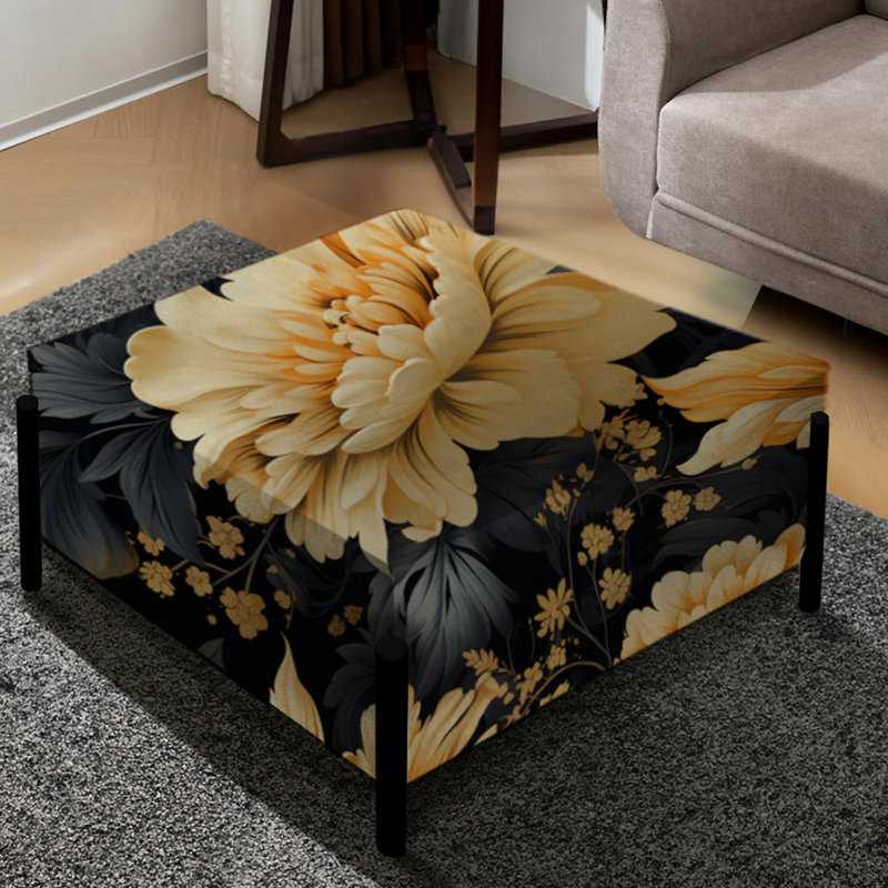 Rêve d'hortensias jaunes damassé - grand repose-pieds carré damassé
