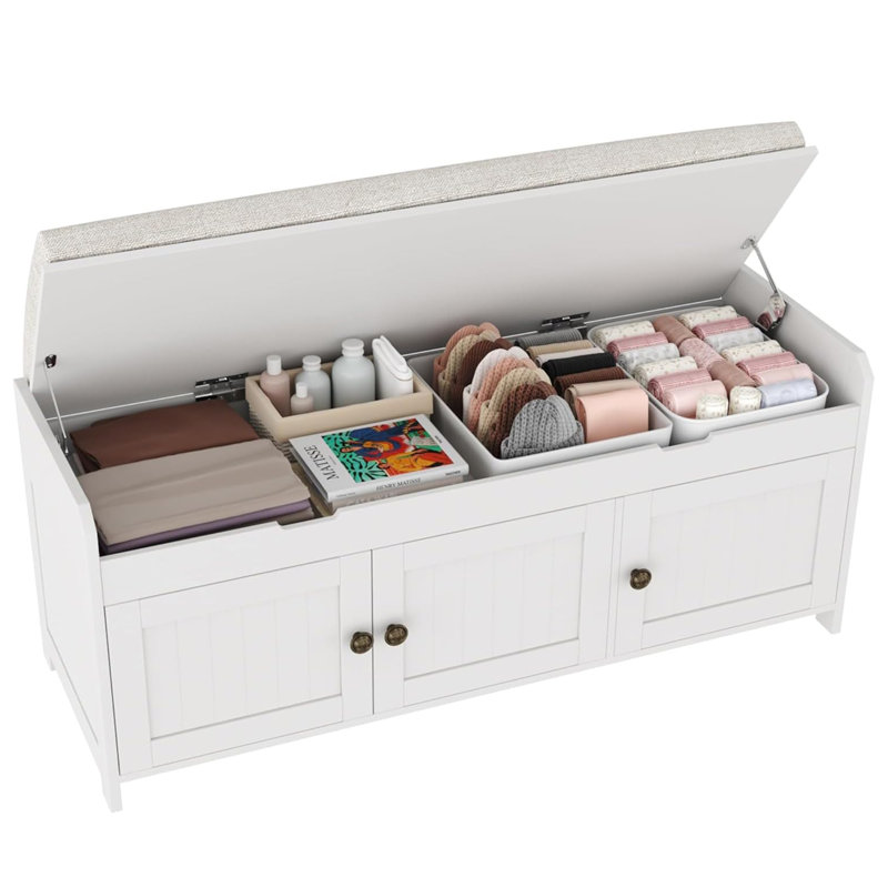 Polyester Upholstered Storage Bench, White
