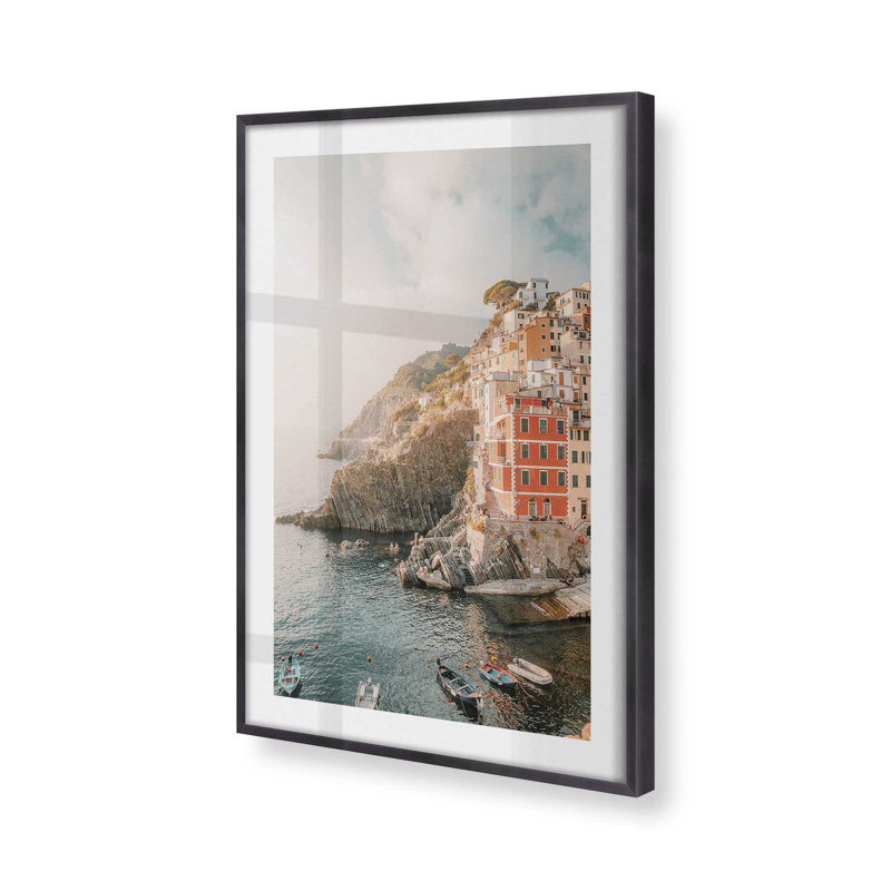 Village par les falaises I, impression roulée, H 11,25 po x l 9,25 po x P 1,25 po, Cadre simple en zinc patiné
