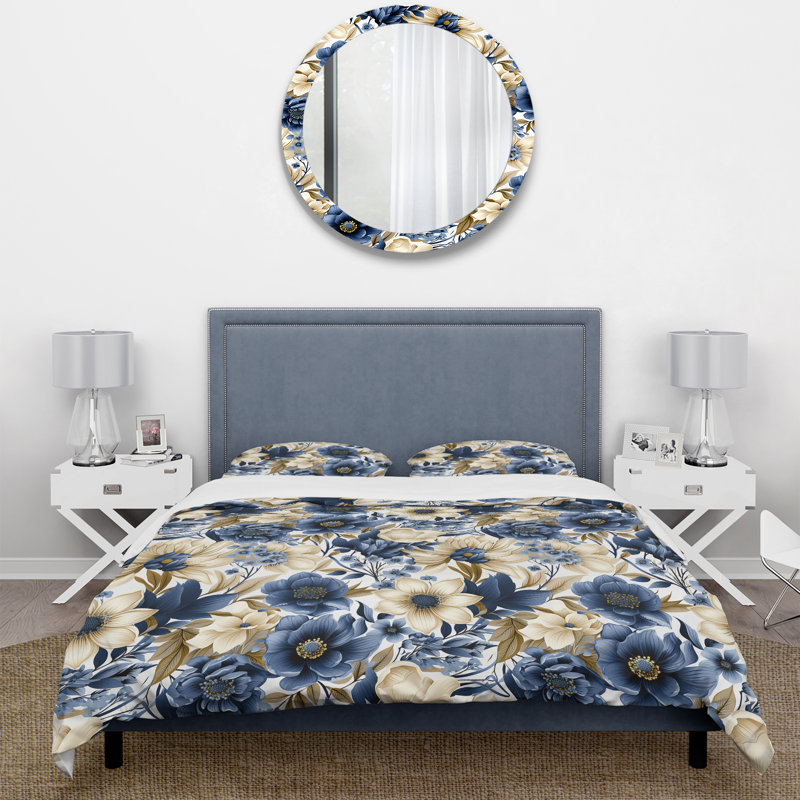 Ensemble de housse de couette beige et bleu à motif floral Farmhouse II, Housse de couette pour très grand lit et 2 très