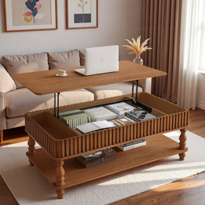 Vintage Lift-top Coffee Table With Fluted Details, Hidden Storage, Open Storage, Hydraulic And Roman Legs