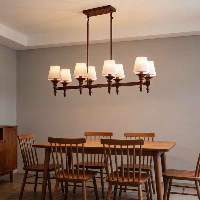 8-light 41.34'' Farmhouse Linear Chandelier With White Shade For Dining Table & Kitchen Island, Brown