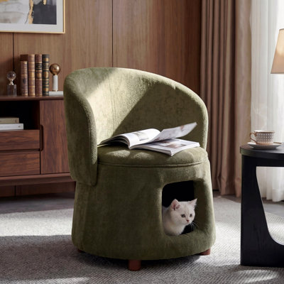 Green Pet Friendly Chair With Hidden Pet Nook, Convertible Stool, Storage Seat, 220lbs Capacity, Acacia Wood Legs