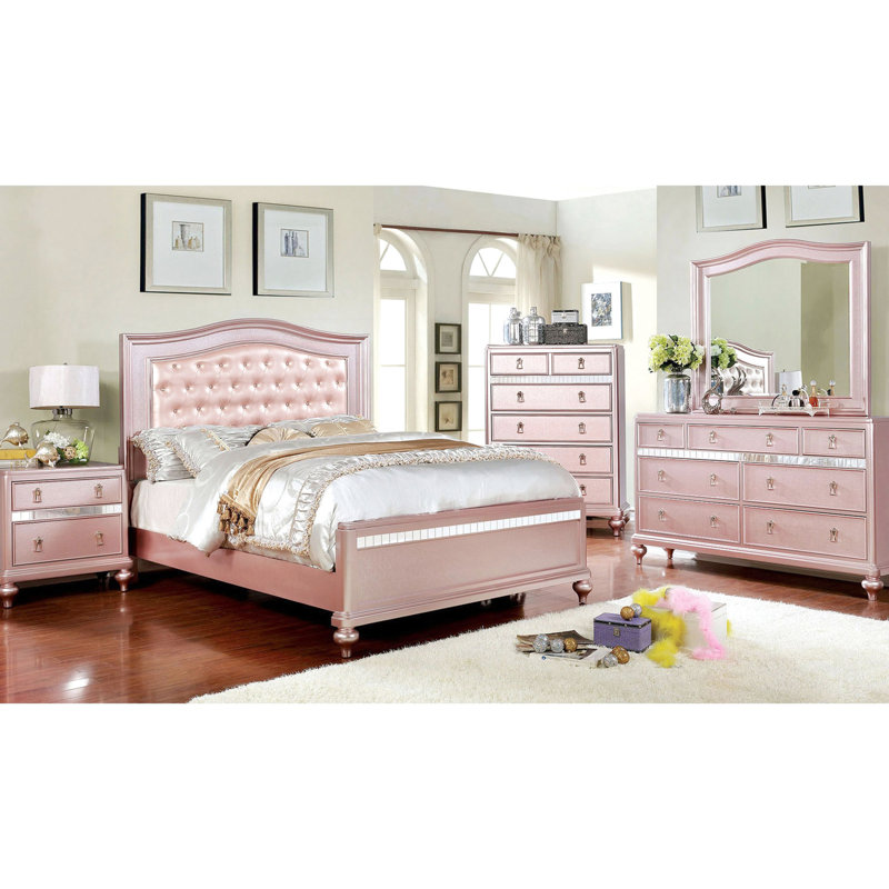 Resplendissante table de chevet en bois ornée de 2 miroirs or rose pour la chambre à coucher