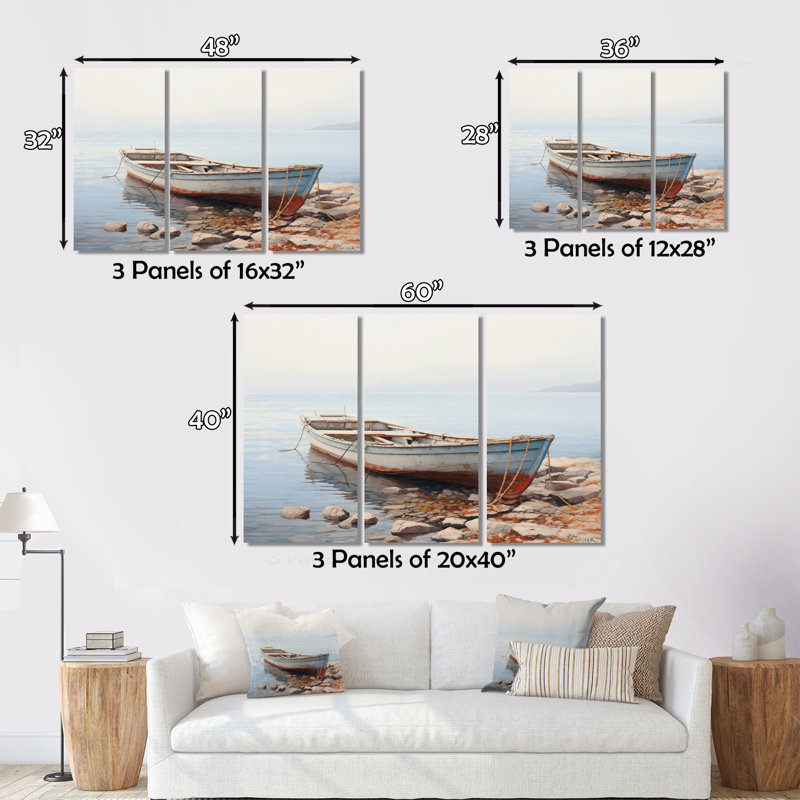 Bateau rivage contemplatif sur toile, reproduction de 3 pièces, H 40 po x l 60 po x P 1 po