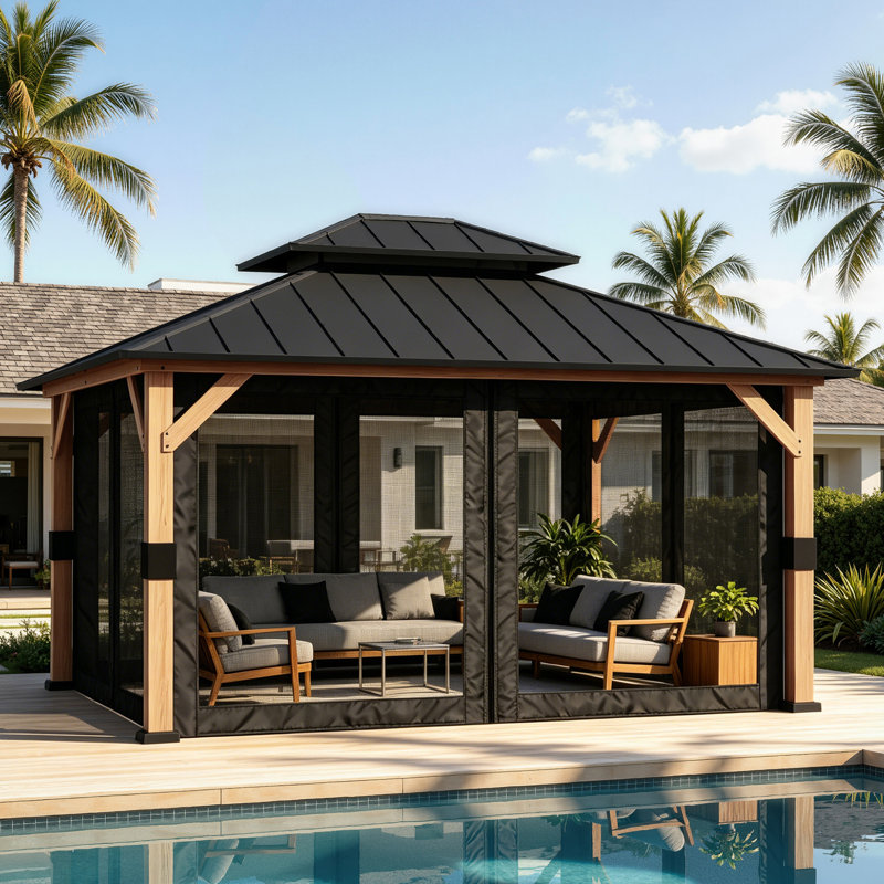Pavillon de jardin permanent en métal L 11 pi. X P 11 pi. D Pavillon de jardin à toit double avec toit en acier galvanisé, pergola extérieure en bois massif avec filet en maille pour terrasse et cour
