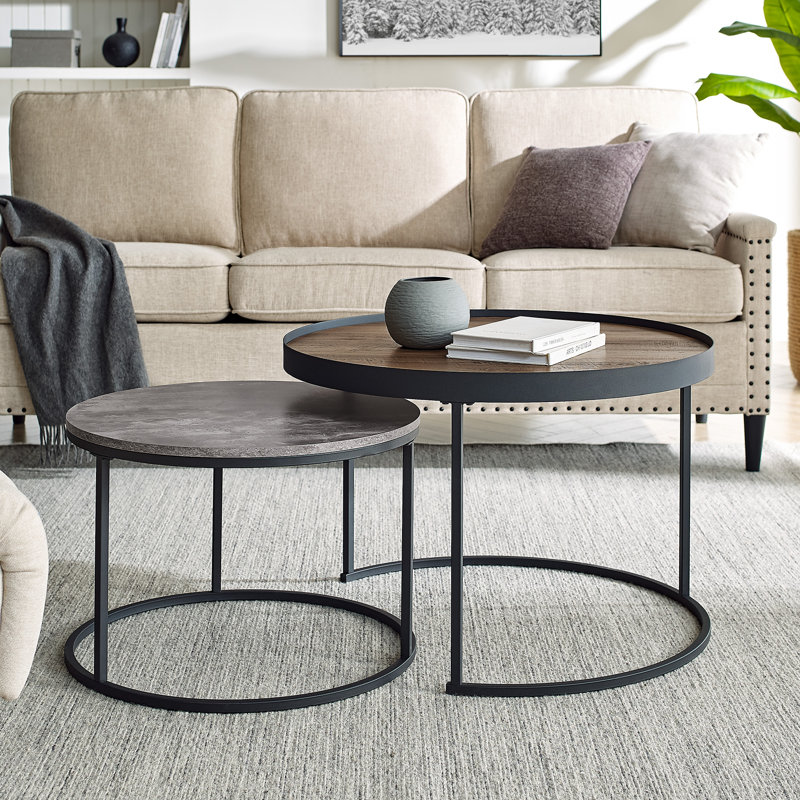 Eddyville Frame 2 Piece Round Nesting Tables, Rustic Oak/Concrete, Black