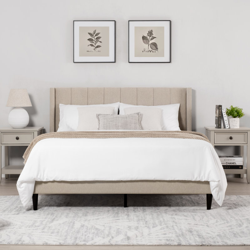 Modern Wingback Bed with Vertical Channel Tufting, Soft Corduroy Upholstery, Solid Wood Platform Frame, Queen, Oatmeal