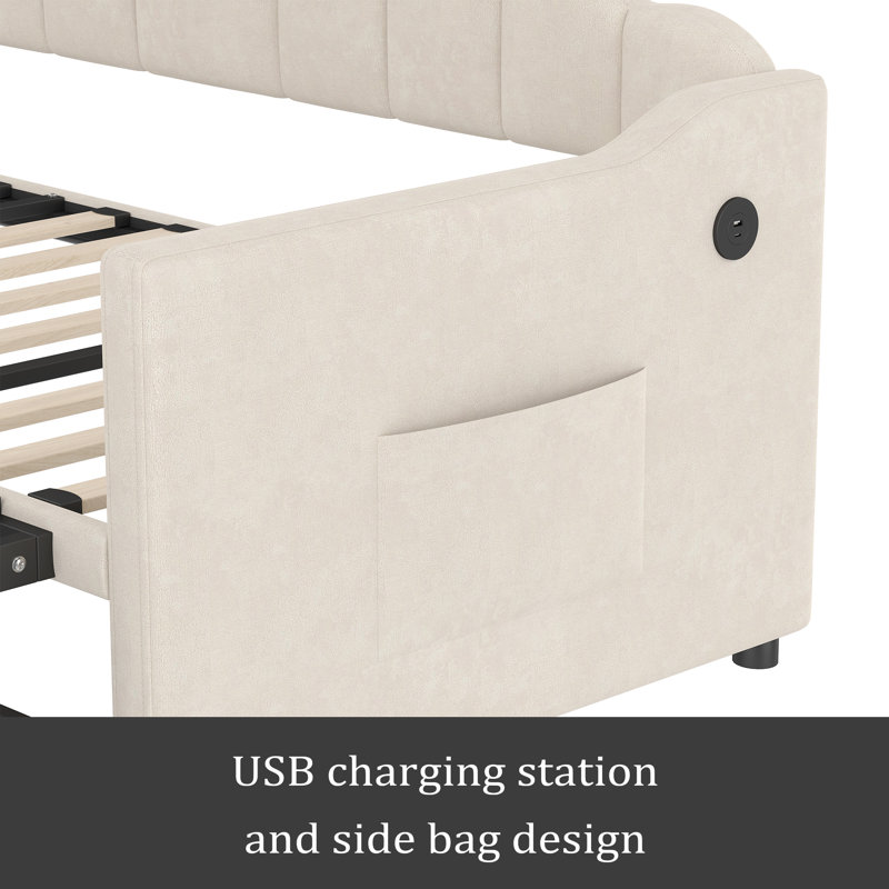 Twin Size Daybed With Storage 2 Drawers And Charging Station, Day Bed Frame With LED Lights And Storage Headboard, No Box-Spring Needed