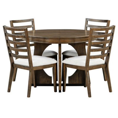 Retro 5 - Piece Dining With Extendable Round Table And Four Luxury Upholstered Chairs, 16" Leaf Expansion, Walnut Shade For Entertaining Style An Expa
