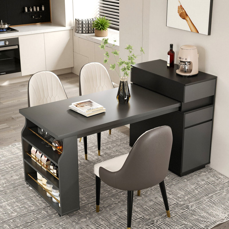 Modern Black Kitchen Island & Desk Combo With Mobile Storage, Drawers & Open Shelves