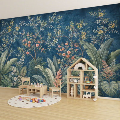 Peel and Stick Wallpaper Elegant Botanical Tropical Flowers Foliage Blue Wall Murals 69"H x 96"W Removable PVC Wall Paper Self-Adhesive Wall Decor for Bedroom Living Room Home Office