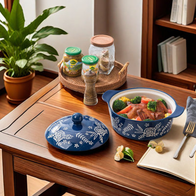 , Blue Casserole Dish with Lid - Ceramic Baking Dish for Oven