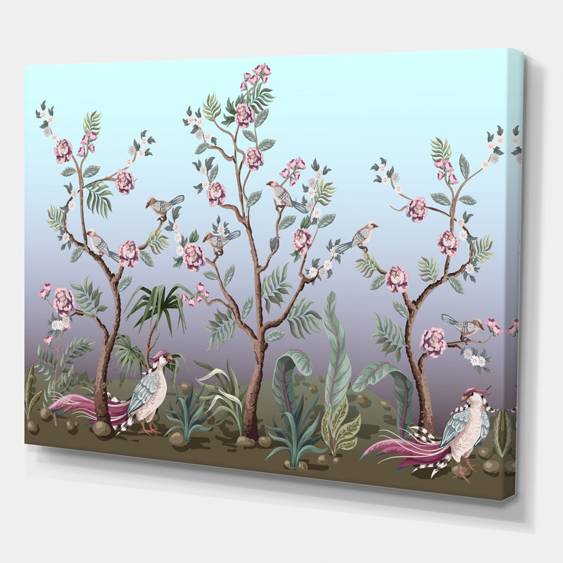 Chinoiserie avec oiseaux et pivoines II - peinture sur toile, H 16 po x l 32 po x p 1 po, Toile tendue