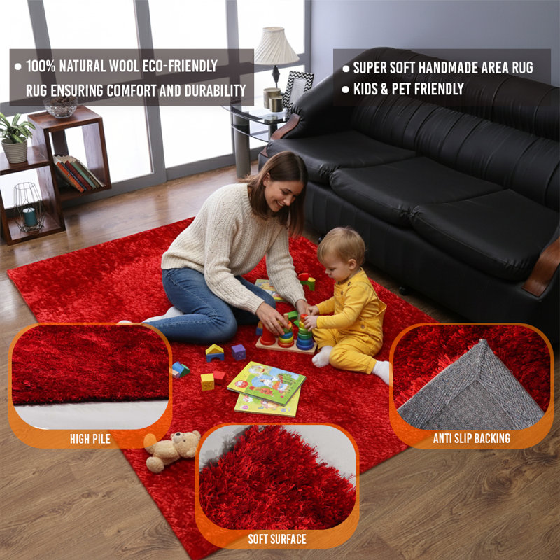 Predmore HAND TUFTED SHAG POLYESTER ECO-FRIENDLY AREA RUGS : Rectangle | Red Color | Solid Design | Area Rugs for living room, Bedroom