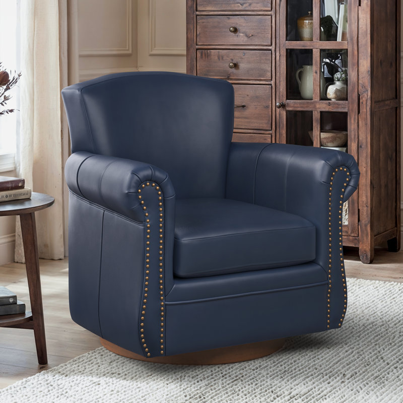 Opal Wingback Genuine Leather Swivel Chair With Solid Wood Base, Rolled Arm Accent Chair, Navy