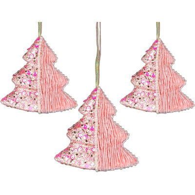 12cm Baby Pink Glitter Tree Hanging Decorations, 3 Piece Christmas Baubles with Pearls and Sequins