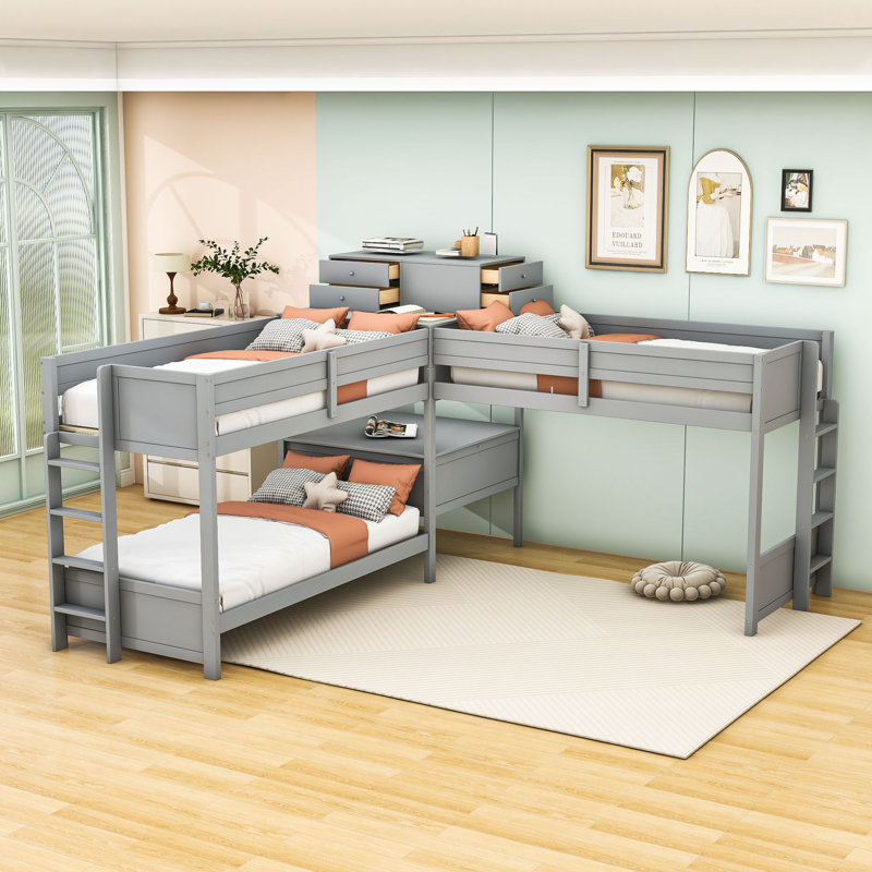 L-Shaped Bunk Bed with Built-In Desk, 4 Drawers, USB Ports and Power Outlet, Gray