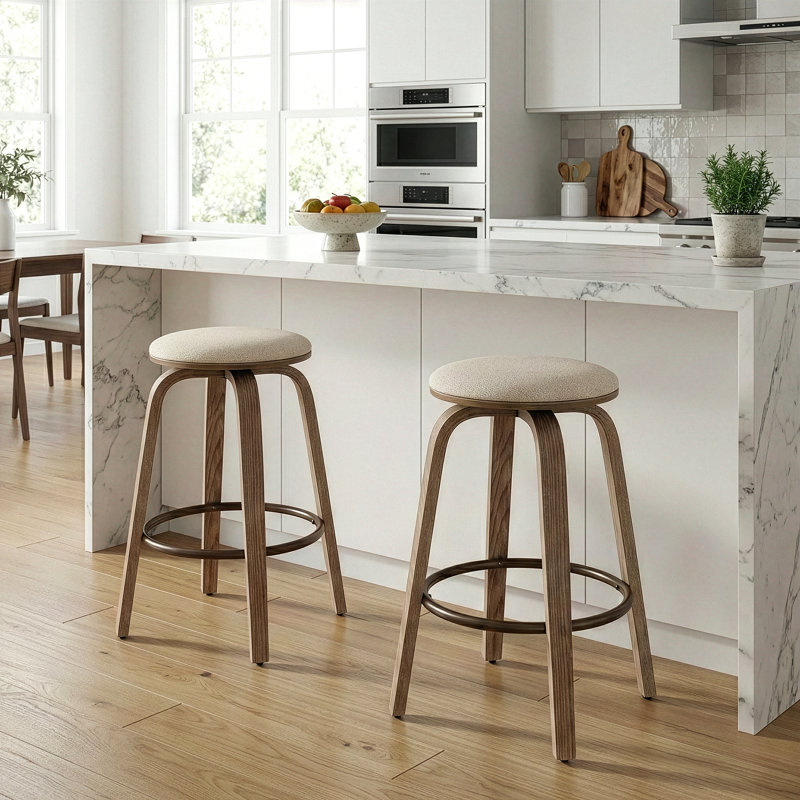Ensemble de 2 tabourets de comptoir en tissu tissé beige avec pieds en bois naturel Beatus, 2