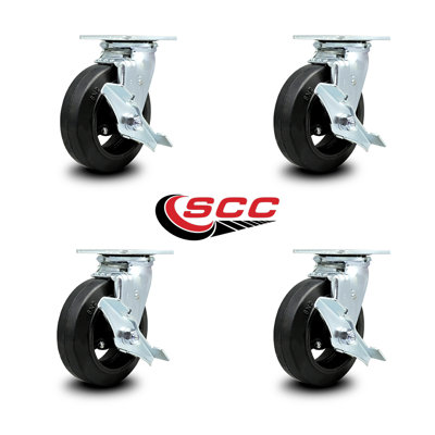 6 Inch Rubber on Steel Swivel Caster Set with Roller Bearings and Brakes SCC|SCC-30CS620R-TLB-4